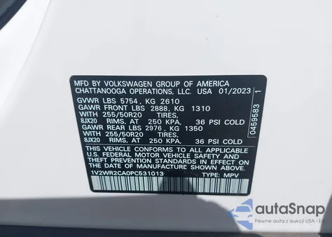2023 Volkswagen Atlas 3.6L V6 Se W/Technology from USA, damaged, VIN 1V2WR2CA0PC531013